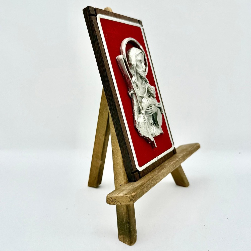 Vintage Italian Pewter Jesus Plaque Red Velvet by Peltro Italy– Good Shepherd 6" - Picture 3 of 9